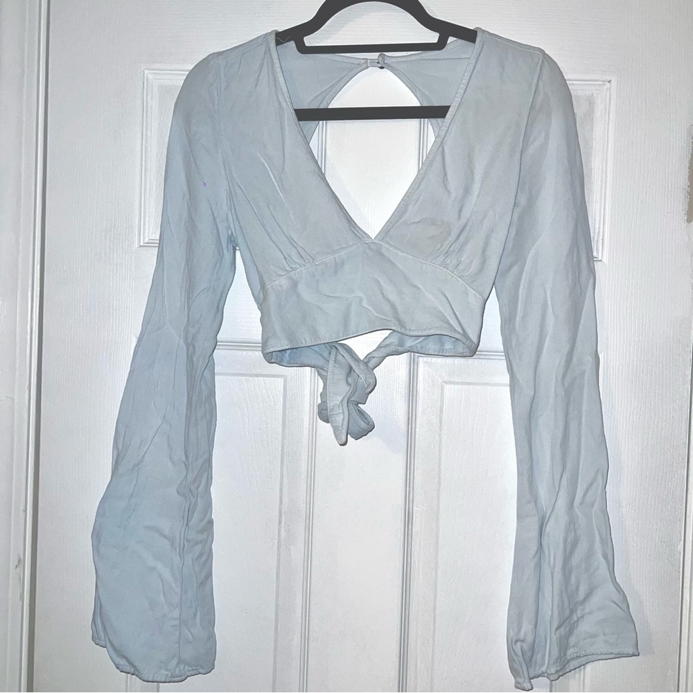 melville sky blue crop wrap top